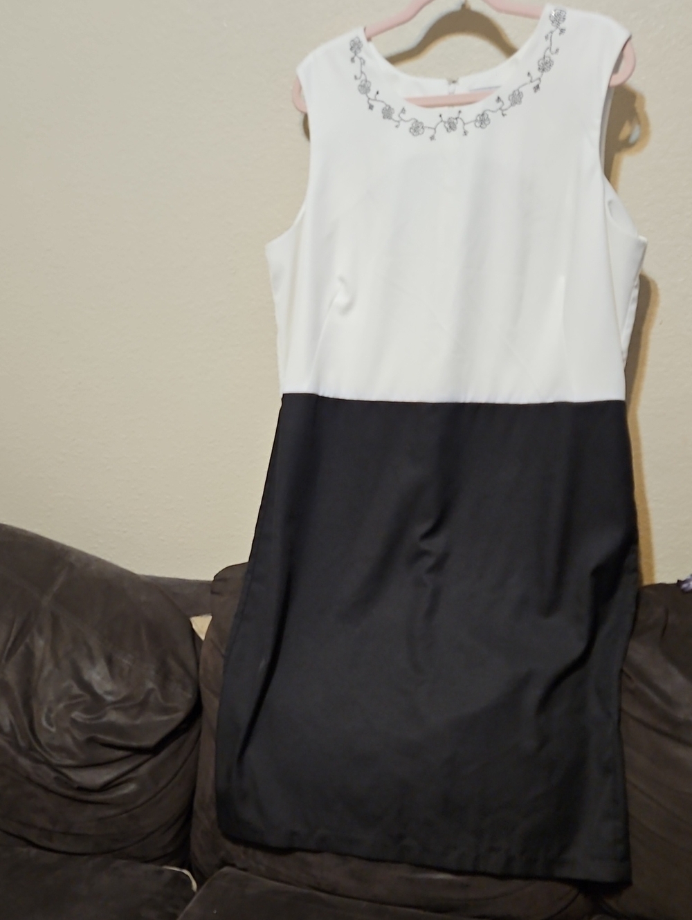 Anthony Richards Two-Tone Black and White Embroidered Neckline Midi Dress